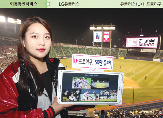 LG유플러스가 지난 3월 출시한 '유플러스(U+) 프로야구'는 5월 애플리케이션 다운로드 건수 50만건을 돌파한 데 이어 6월 65만건을 넘어섰다. 회사는 득점 순간 돌려보기와 광고 없이 바로 영상 재생 기능을 인기 요인으로 꼽았다. 회사 모델이 지난 5월 앱 다운로드 건수 50만건 돌파를 알리고 있다.  LG유플러스 제공